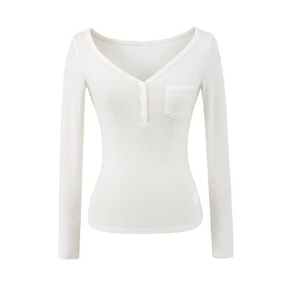 Henley Knit Top with V-Neckline and Pocket Detail Long Sleeves