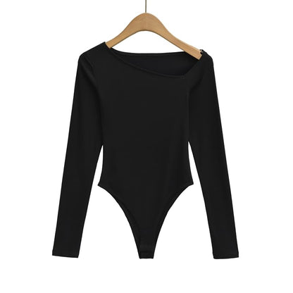 Asymmetric Neck Bodysuit Top with Extended Sleeves