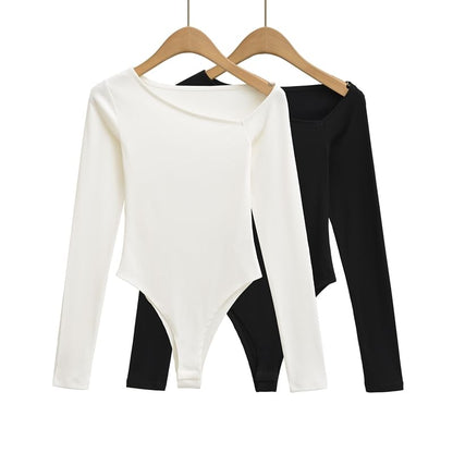 Asymmetric Neck Bodysuit Top with Extended Sleeves