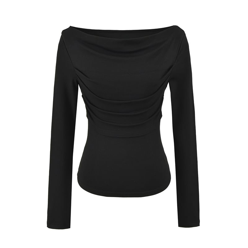 Slim Cropped Tee with Cowl Neckline and Ruched Long Sleeves