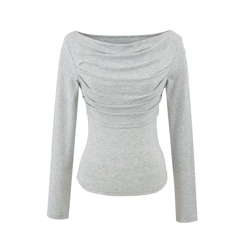 Slim Cropped Tee with Cowl Neckline and Ruched Long Sleeves