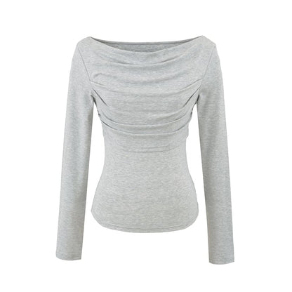 Slim Cropped Tee with Cowl Neckline and Ruched Long Sleeves