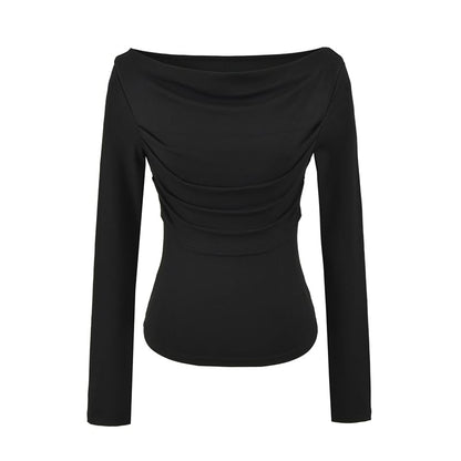 Slim Cropped Tee with Cowl Neckline and Ruched Long Sleeves