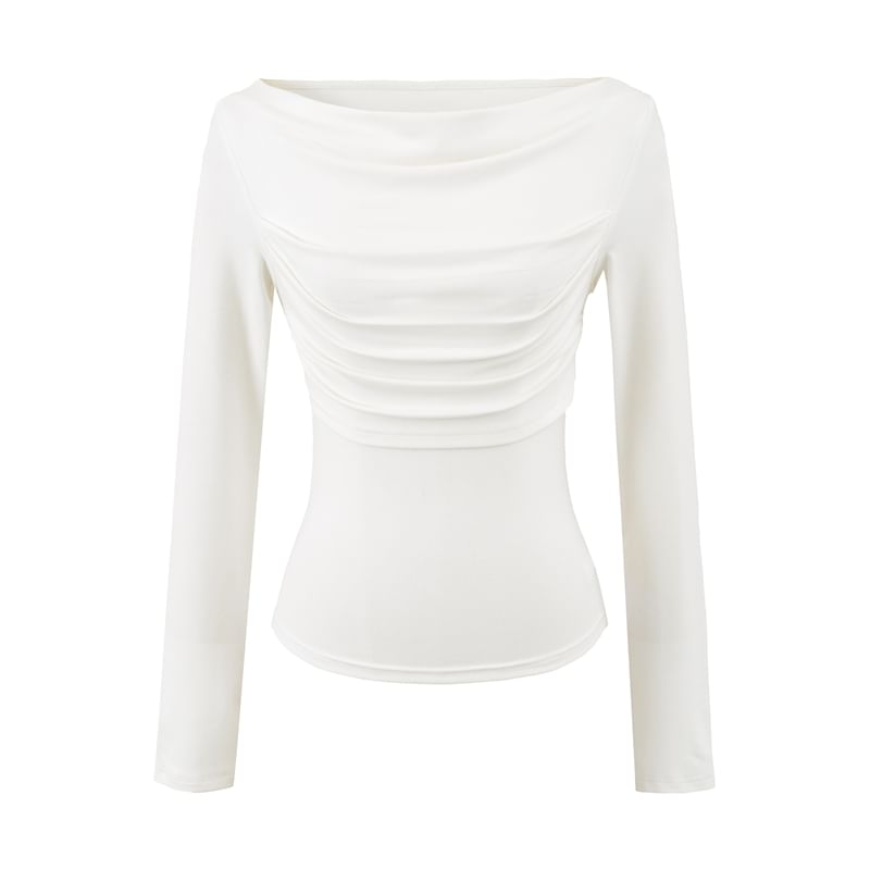 Slim Cropped Tee with Cowl Neckline and Ruched Long Sleeves