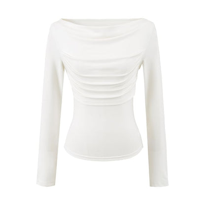 Slim Cropped Tee with Cowl Neckline and Ruched Long Sleeves