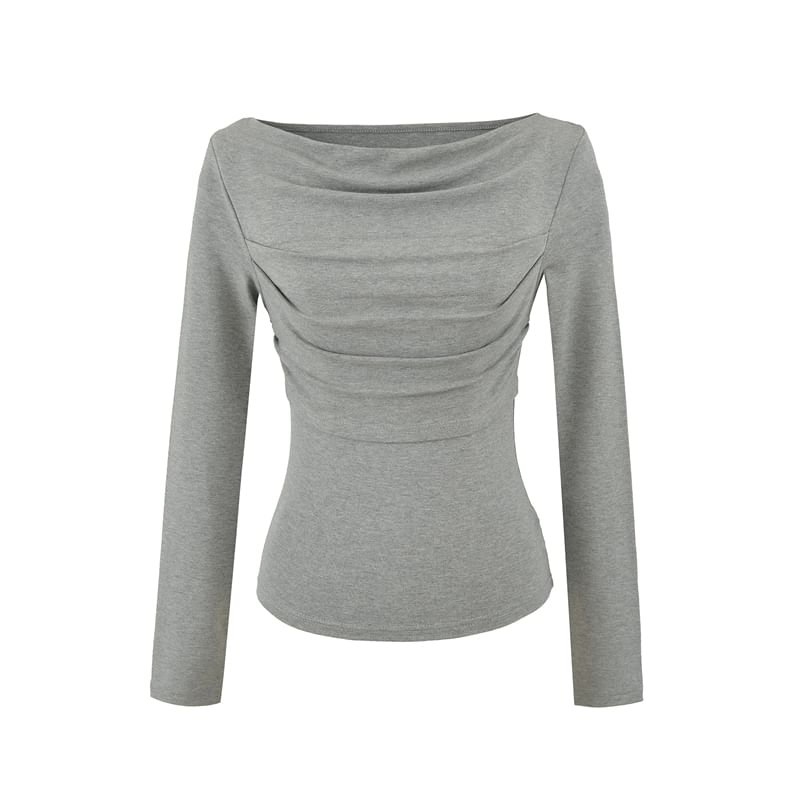 Slim Cropped Tee with Cowl Neckline and Ruched Long Sleeves