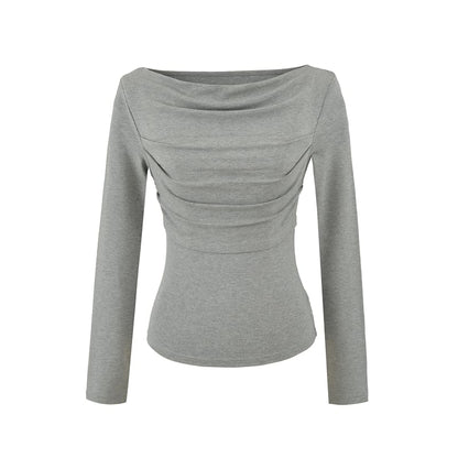 Slim Cropped Tee with Cowl Neckline and Ruched Long Sleeves