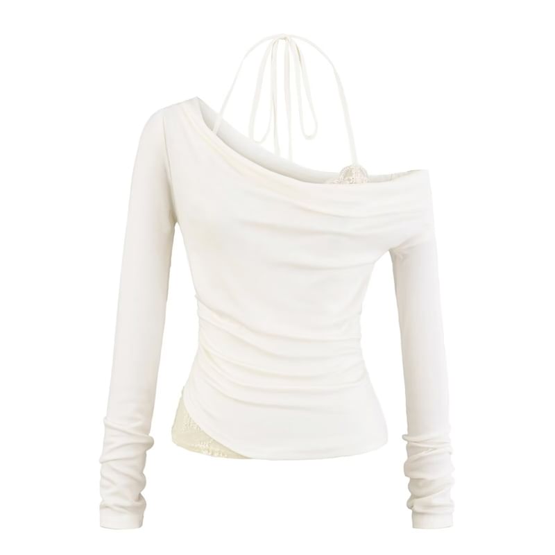 Ruched Slim-Fit Cowlneck Halter Tee with Long Sleeves, Solid Color