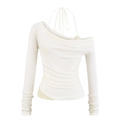 Ruched Slim-Fit Cowlneck Halter Tee with Long Sleeves, Solid Color