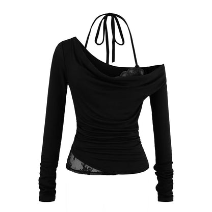 Ruched Slim-Fit Cowlneck Halter Tee with Long Sleeves, Solid Color