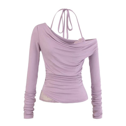 Ruched Slim-Fit Cowlneck Halter Tee with Long Sleeves, Solid Color