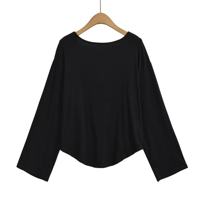 Open Back Tee with Boat Neckline and Scoop Hem Long Sleeves