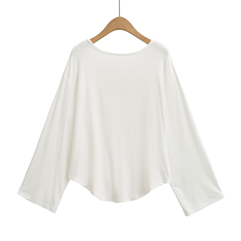 Open Back Tee with Boat Neckline and Scoop Hem Long Sleeves