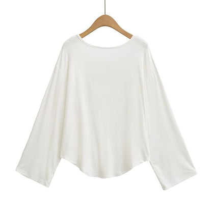 Open Back Tee with Boat Neckline and Scoop Hem Long Sleeves