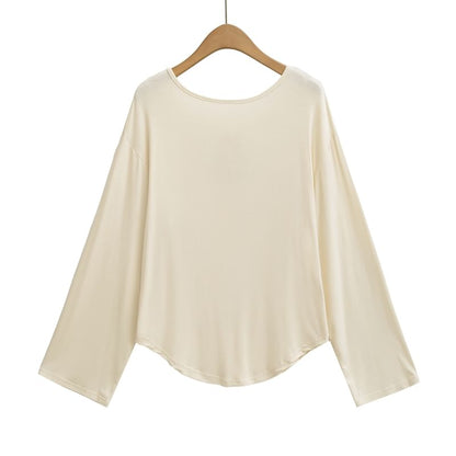 Open Back Tee with Boat Neckline and Scoop Hem Long Sleeves