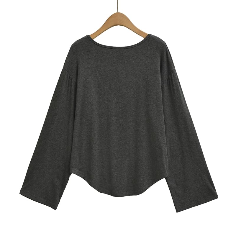 Open Back Tee with Boat Neckline and Scoop Hem Long Sleeves
