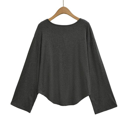 Open Back Tee with Boat Neckline and Scoop Hem Long Sleeves