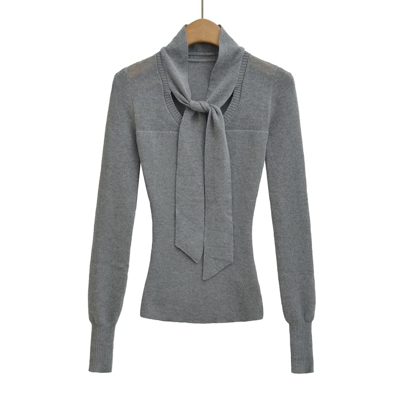 Knit Top with Tie Neckline and Long Sleeves