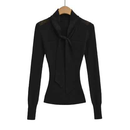 Knit Top with Tie Neckline and Long Sleeves