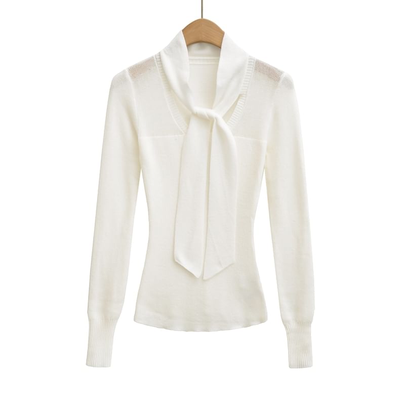 Knit Top with Tie Neckline and Long Sleeves