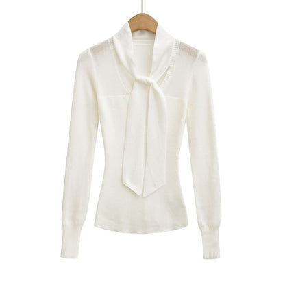 Knit Top with Tie Neckline and Long Sleeves