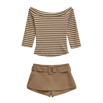Off-Shoulder Striped Slim Tee with 3/4 Sleeves and Layered Skirt Shorts