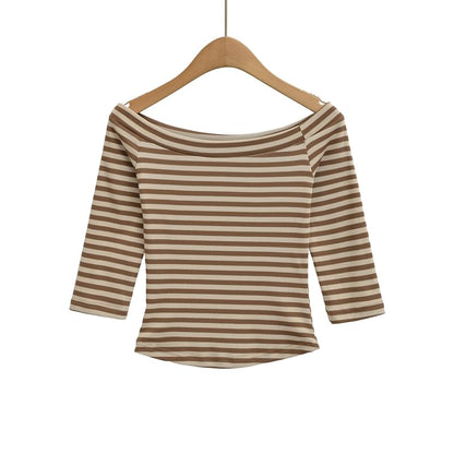 Off-Shoulder Striped Slim Tee with 3/4 Sleeves and Layered Skirt Shorts