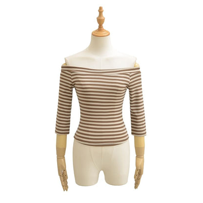 Off-Shoulder Striped Slim Tee with 3/4 Sleeves and Layered Skirt Shorts