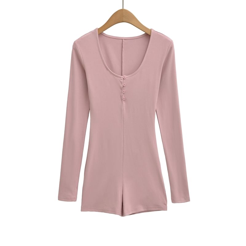 Slim-Fit Romper with Scoop Neckline and Henley Long Sleeves