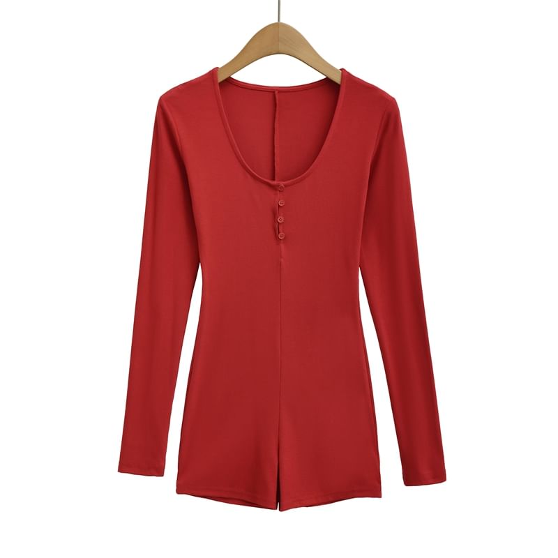 Slim-Fit Romper with Scoop Neckline and Henley Long Sleeves