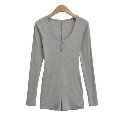 Slim-Fit Romper with Scoop Neckline and Henley Long Sleeves