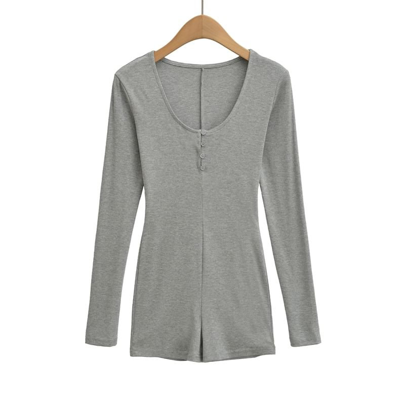 Slim-Fit Romper with Scoop Neckline and Henley Long Sleeves