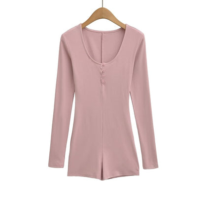 Slim-Fit Romper with Scoop Neckline and Henley Long Sleeves