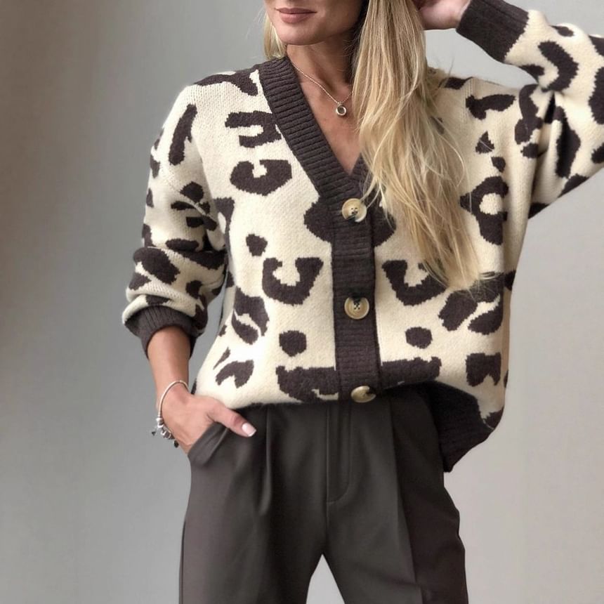 V-Neck Leopard Print Cardigan