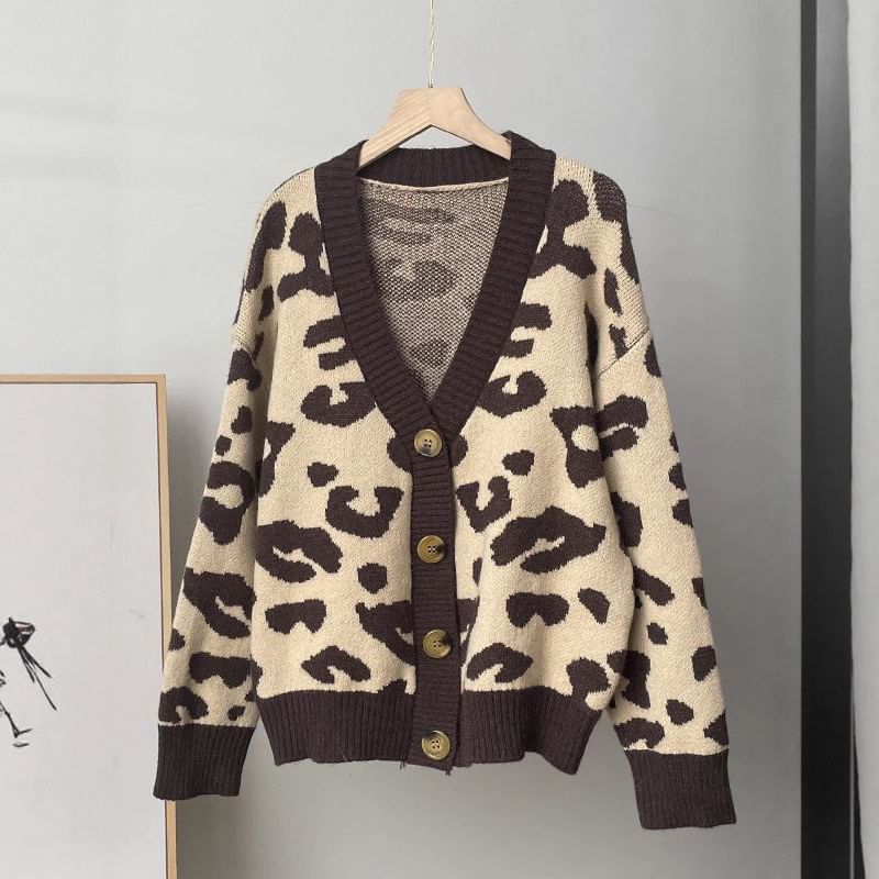V-Neck Leopard Print Cardigan