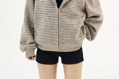 Striped Hooded Zip-Up Cardigan