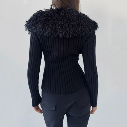 Long Sleeve V-Neck Faux Fur Trim Ribbed-Knit Zip-Up Cardigan