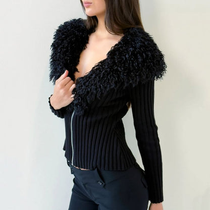 Long Sleeve V-Neck Faux Fur Trim Ribbed-Knit Zip-Up Cardigan