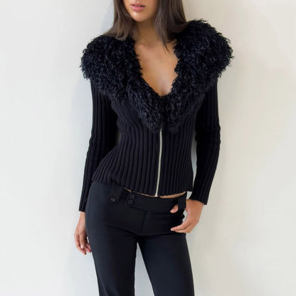 Long Sleeve V-Neck Faux Fur Trim Ribbed-Knit Zip-Up Cardigan