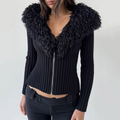 Long Sleeve V-Neck Faux Fur Trim Ribbed-Knit Zip-Up Cardigan