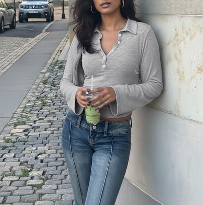 Slim-Fit V-Neck Polo Top with Long Sleeves