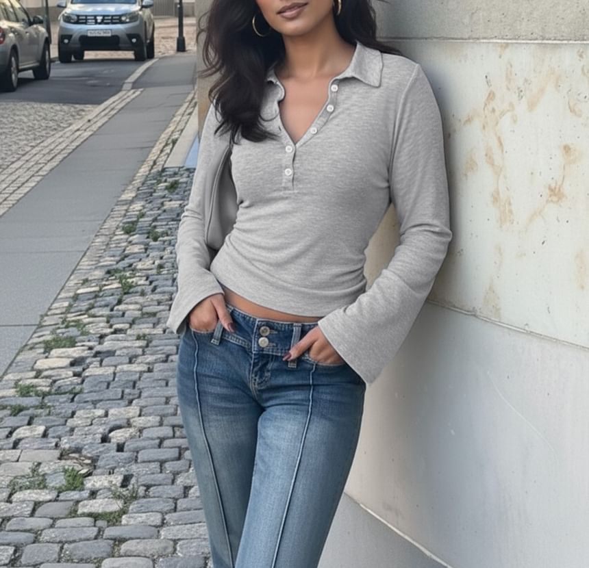 Slim-Fit V-Neck Polo Top with Long Sleeves