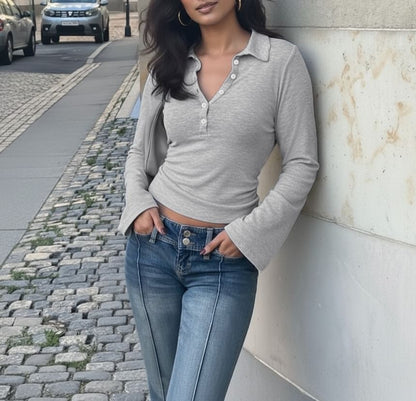 Slim-Fit V-Neck Polo Top with Long Sleeves