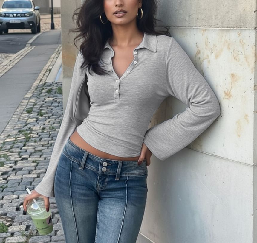 Slim-Fit V-Neck Polo Top with Long Sleeves