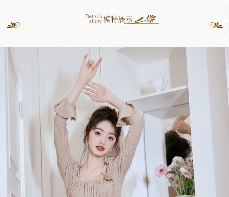 Long Sleeve Square Neck Plain Gathered Midi A-Line Dress / Plain Midi Open Front Cardigan