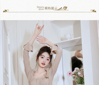 Long Sleeve Square Neck Plain Gathered Midi A-Line Dress / Plain Midi Open Front Cardigan