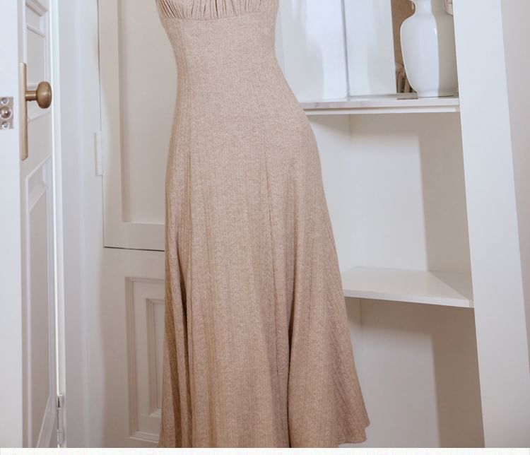 Long Sleeve Square Neck Plain Gathered Midi A-Line Dress / Plain Midi Open Front Cardigan