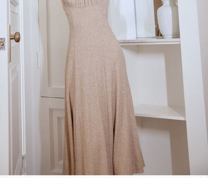 Long Sleeve Square Neck Plain Gathered Midi A-Line Dress / Plain Midi Open Front Cardigan