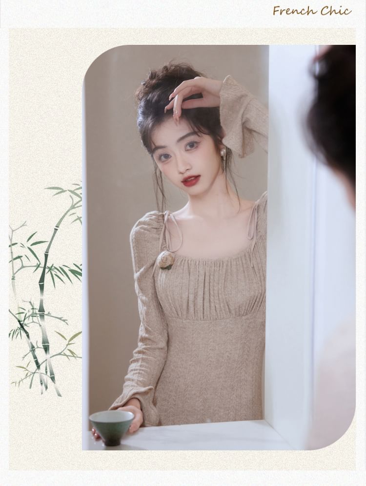 Long Sleeve Square Neck Plain Gathered Midi A-Line Dress / Plain Midi Open Front Cardigan