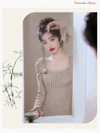 Long Sleeve Square Neck Plain Gathered Midi A-Line Dress / Plain Midi Open Front Cardigan